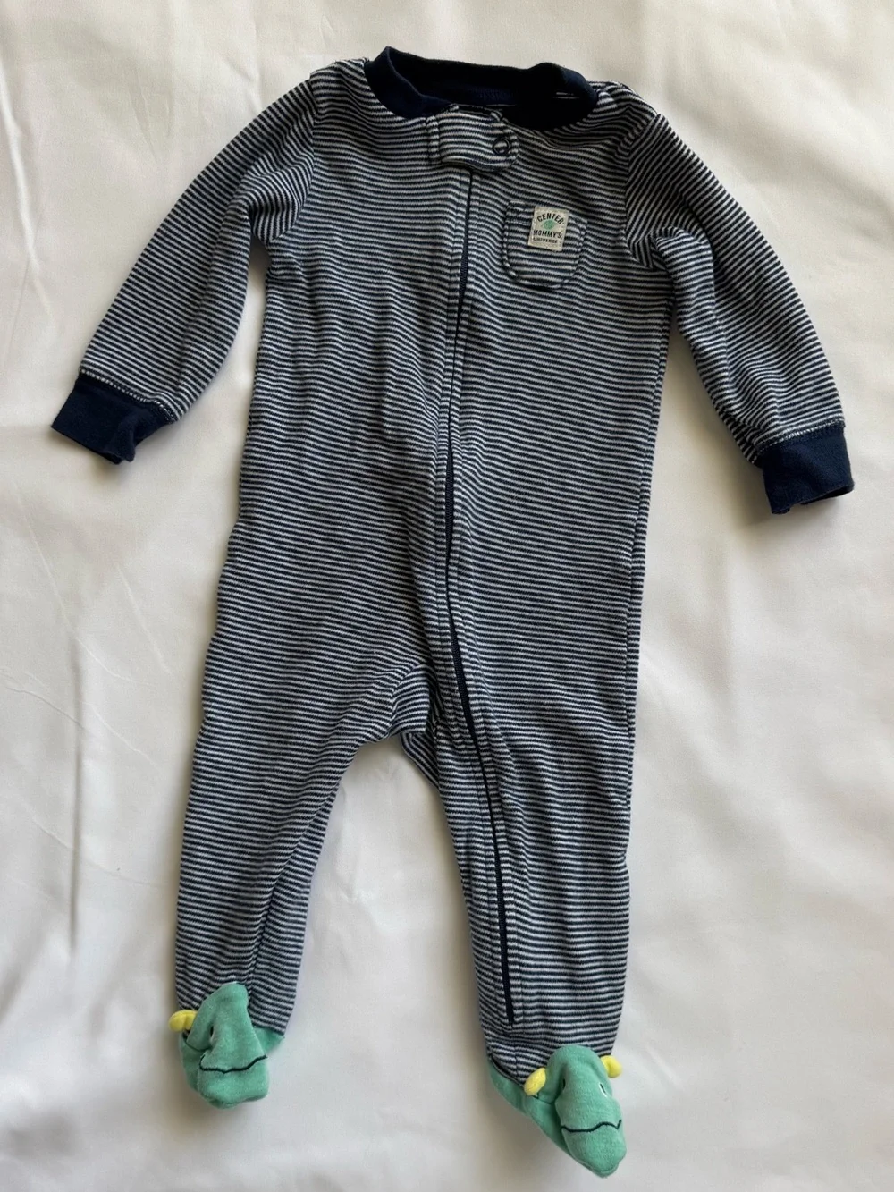 Carter's Navy and White Striped Footed One-Piece with Green Monster Feet